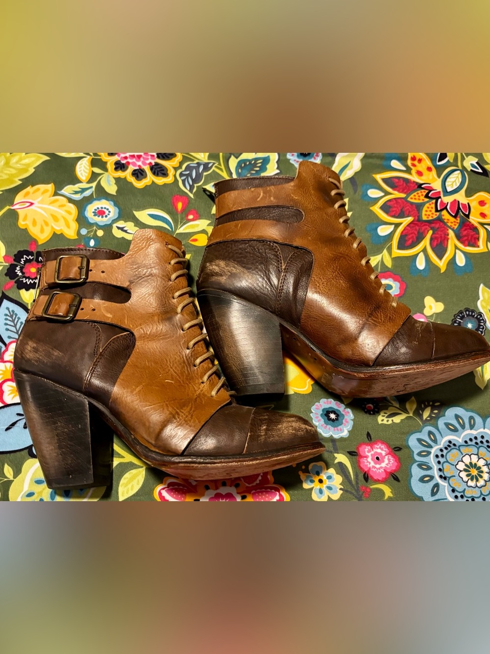 freebird Malry Two-Tone Brown Lace-Up & Buckle Ankle Booties